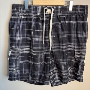 Caribbean Joe Vintage Y2K Plaid Cargo Swim Trunks Board Shorts Mens Black Medium